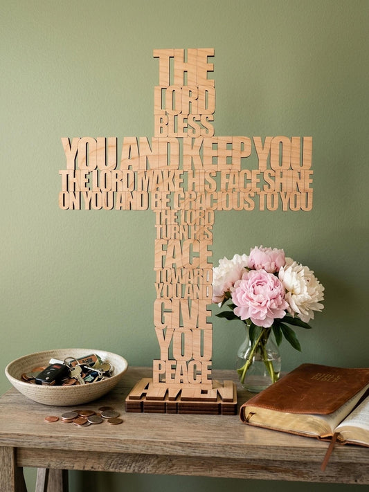 Wooden Cross Tabletop Stand Aaronic Blessing Scripture Display Christian Housewarming Gift Faith Based Home Accent Numbers 6 24 26 Bible Verse Sign Laser Cut Birch Construction AMEN Pedestal Base Freestanding Religious Keepsake Perfect