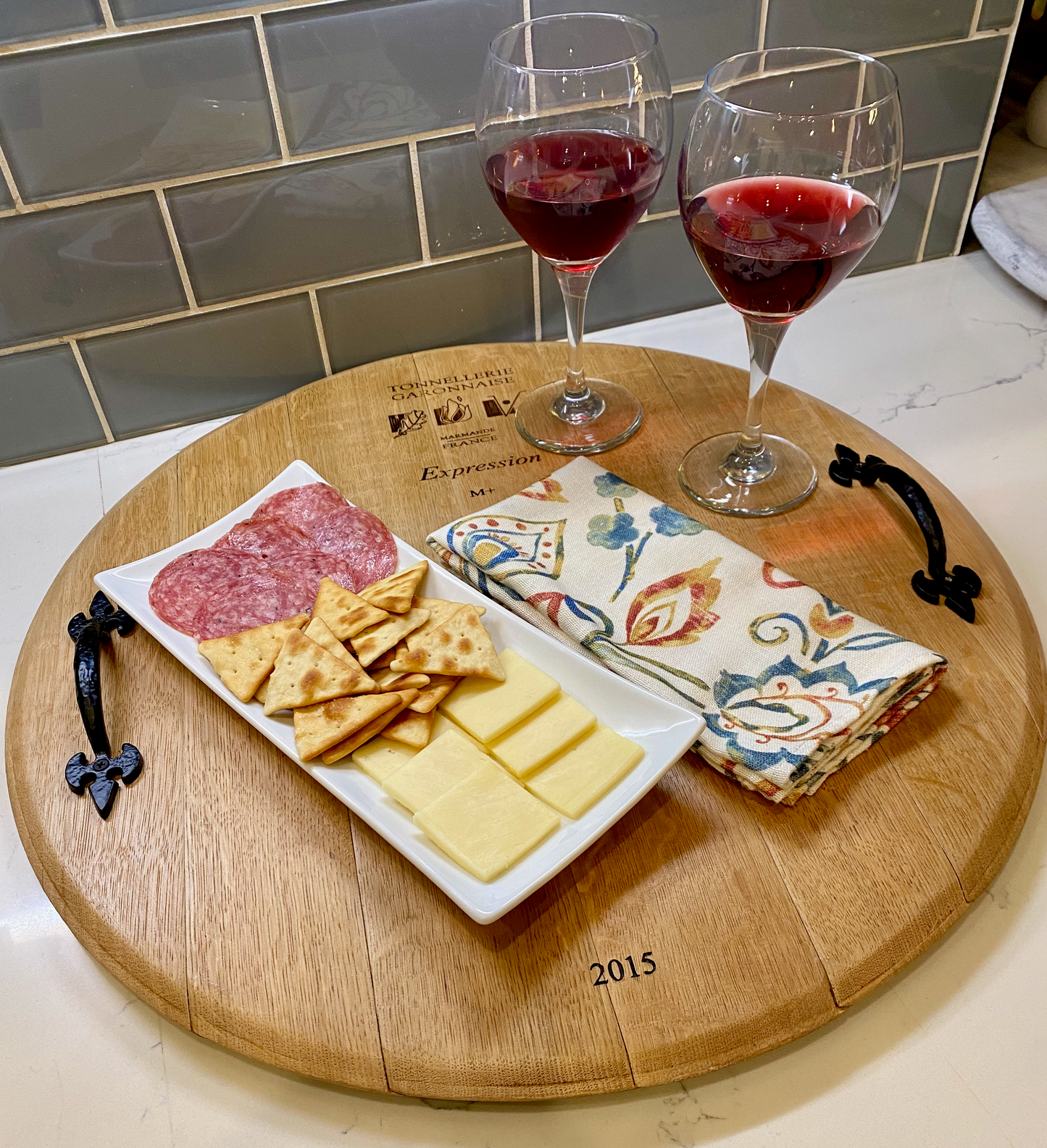 Wine Barrel Top Tray with Handles