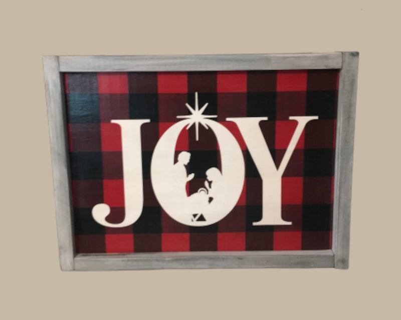 Framed JOY Nativity on Buffalo Plaid Hand Painted Sign