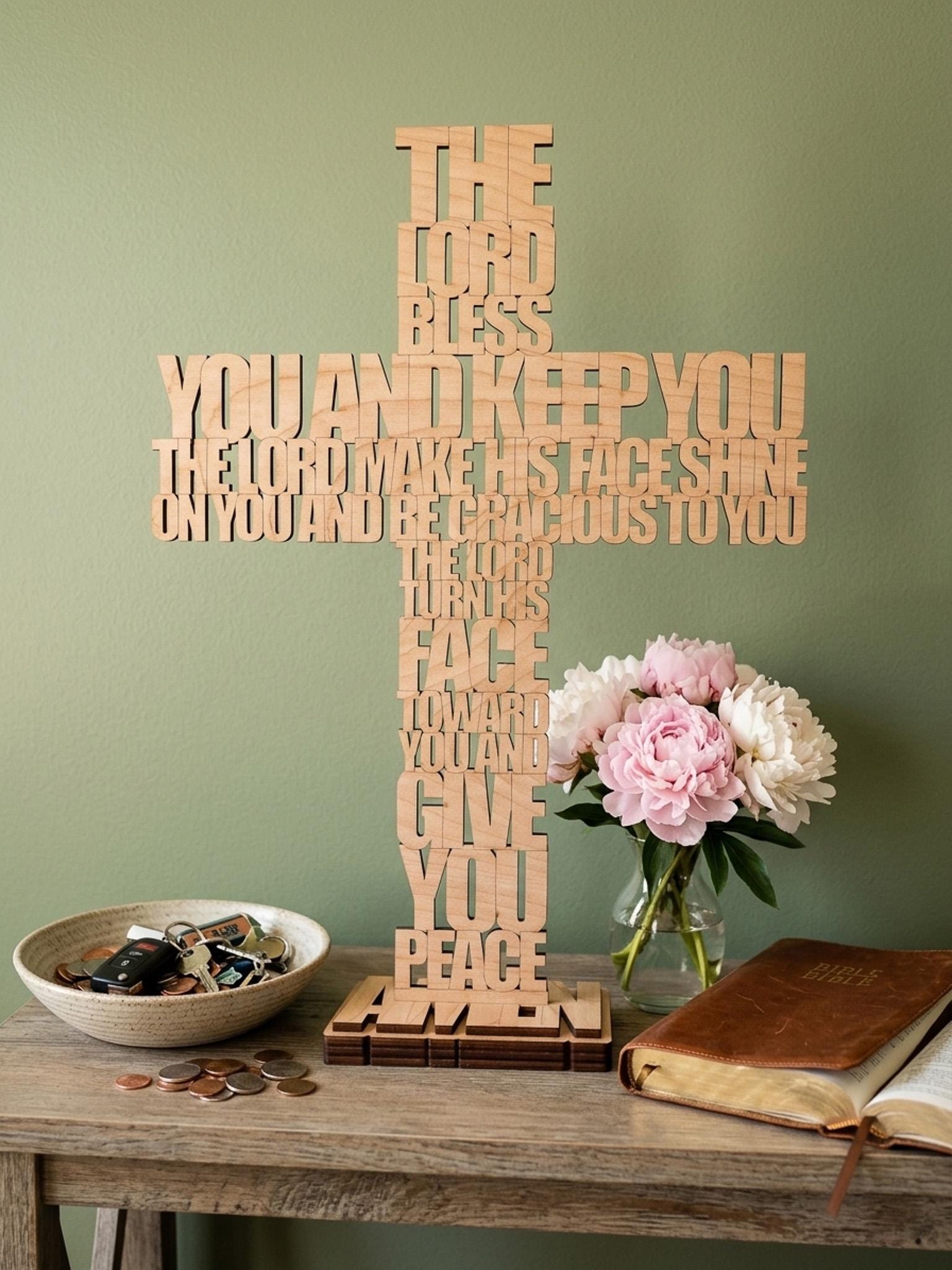 Wooden Cross Tabletop Stand Aaronic Blessing Scripture Display Christian Housewarming Gift Faith Based Home Accent Numbers 6 24 26 Bible Verse Sign Laser Cut Birch Construction AMEN Pedestal Base Freestanding Religious Keepsake Perfect