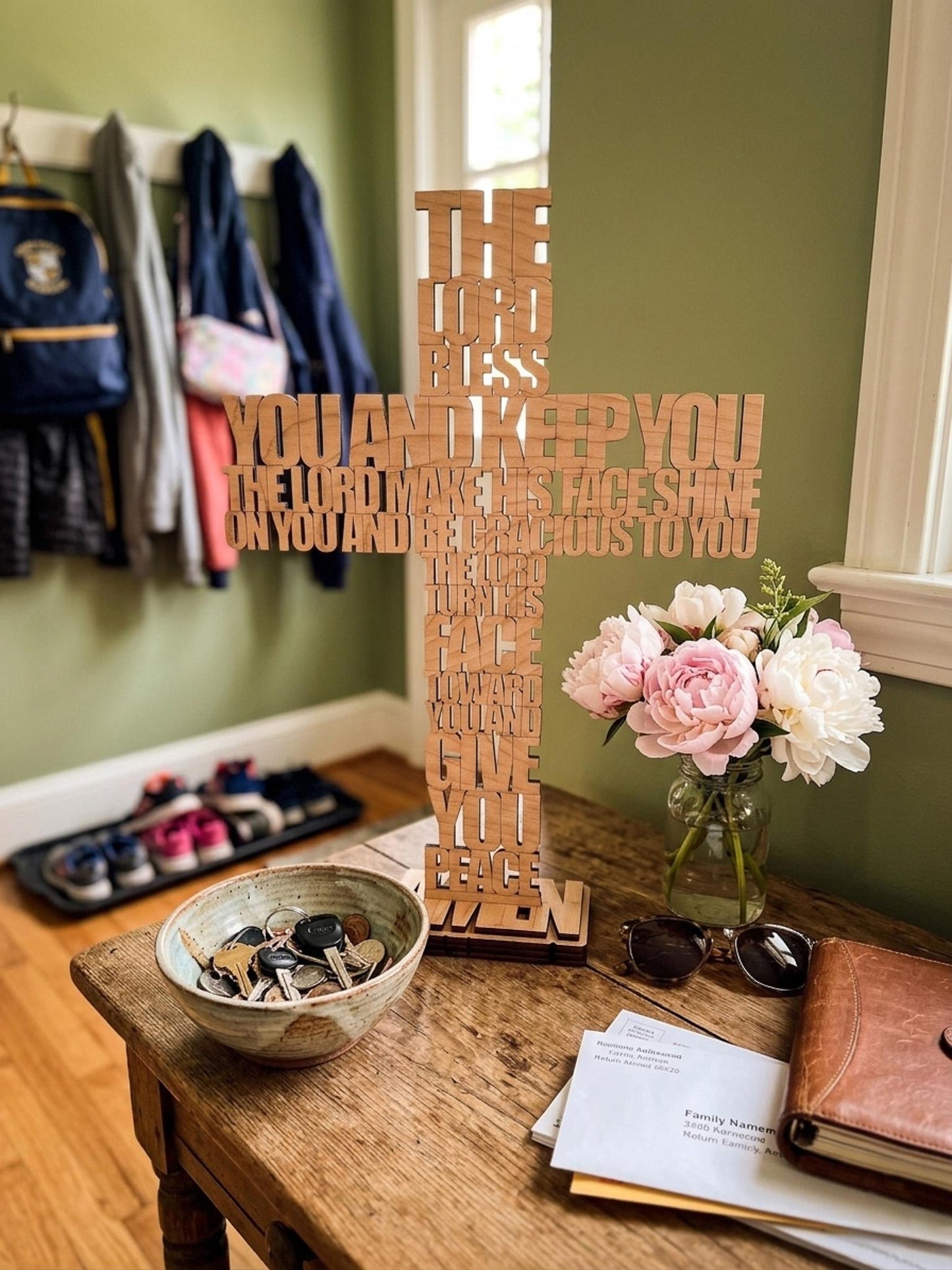 Religious Keepsake Wooden Cross Tabletop Freestanding Christian Home Gift Faith Based Aaronic Blessing Bible Verse Numbers Laser Engraved Birch Plywood Natural Stained Finish Wedding Housewarming Baptism Confirmation Present Inspirational