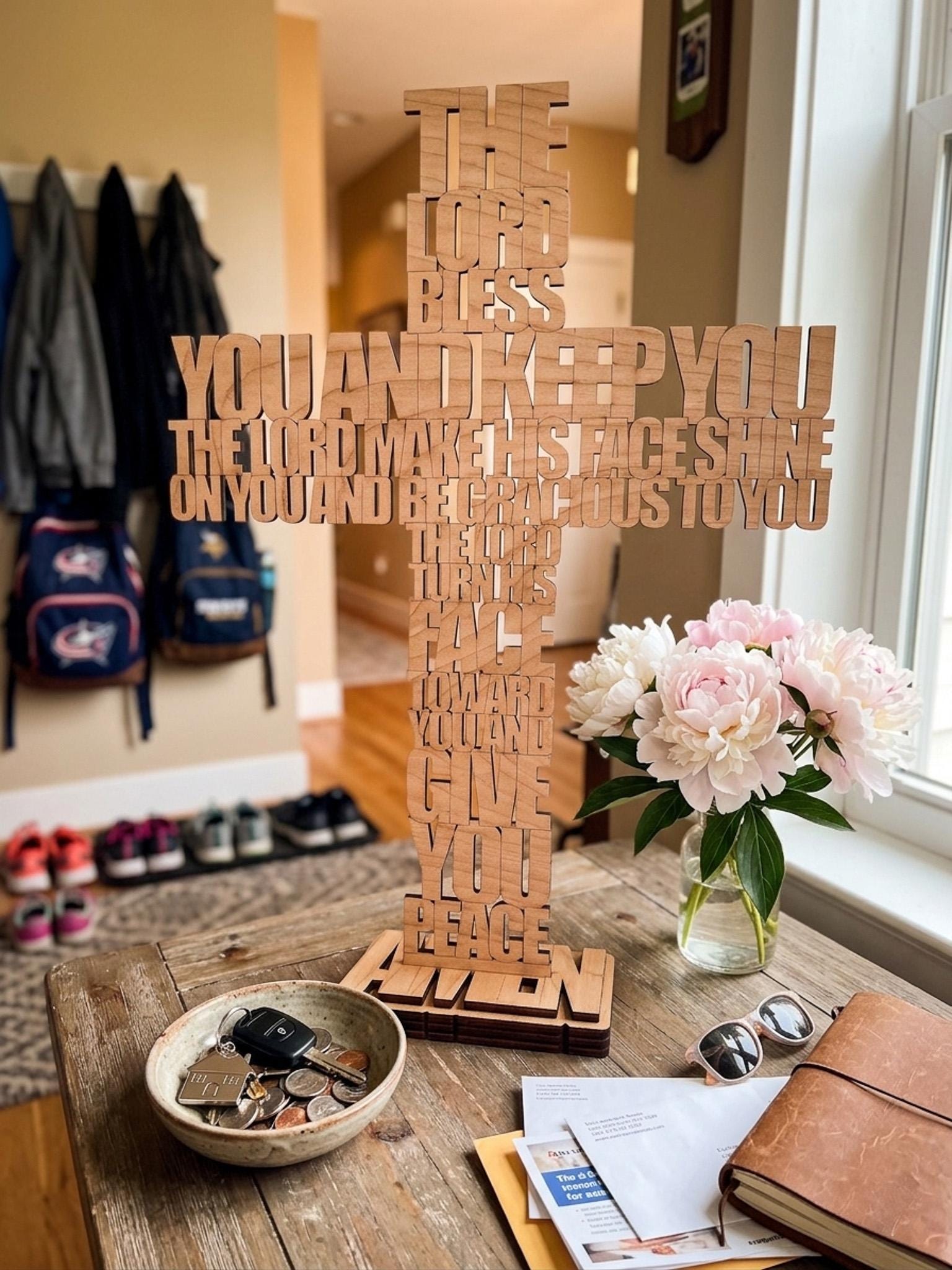 Christian Home Gift Wooden Cross Tabletop Freestanding Display Birch Plywood Laser Cut Craftsmanship Aaronic Blessing Scripture Numbers Six Twenty Four Twenty Six Complete Text Individual Letter Design Negative Space Interlocking Pattern