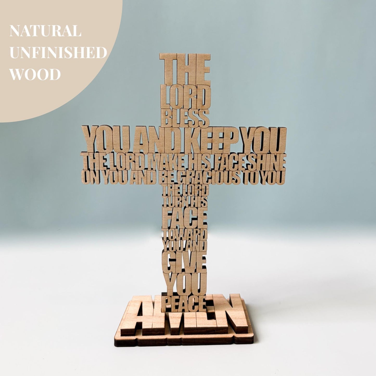 Faith Based Bible Verse Gift Wooden Cross Tabletop Freestanding Christian Home Display Aaronic Blessing Numbers Laser Cut Engraved Birch Plywood Natural Stained Finish Wedding Housewarming Baptism Confirmation Religious Keepsake