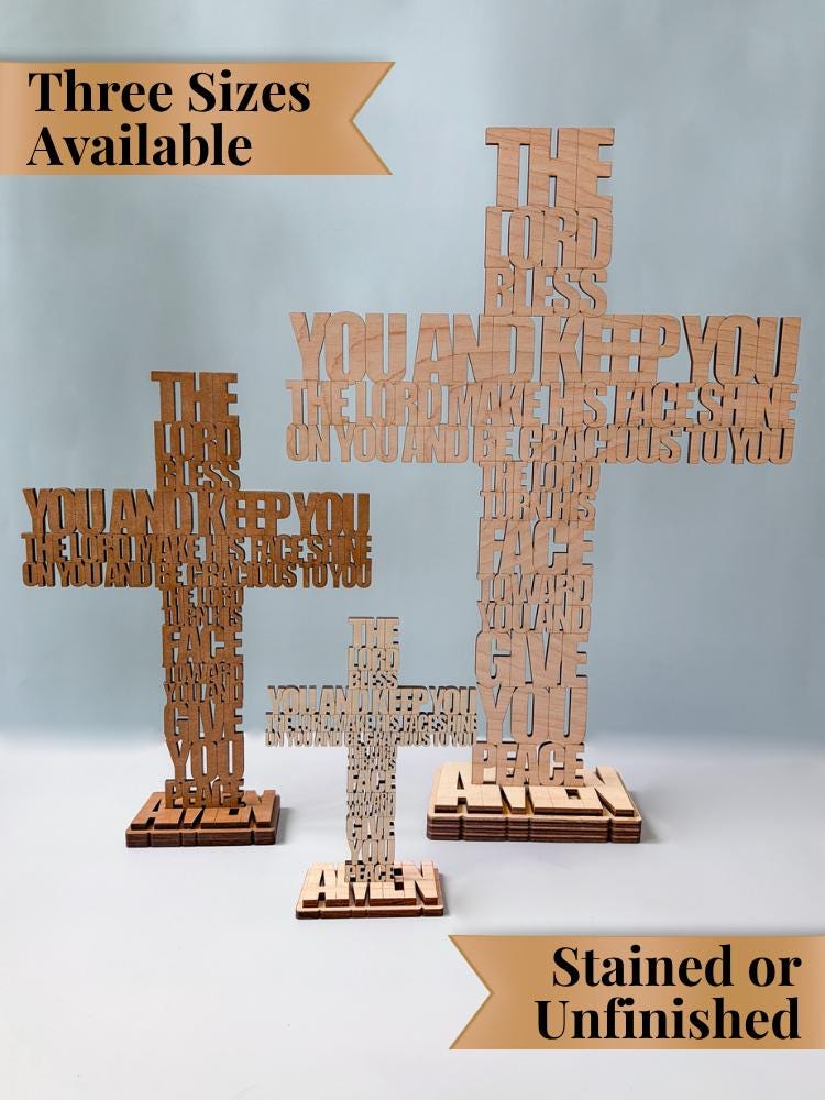 Scripture Cross Display Stand Aaronic Blessing Wooden Tabletop Sign Numbers 6 24 26 Bible Verse Christian Gift Collection Faith Based Wedding Present Housewarming Keepsake Laser Cut Birch Plywood AMEN Base Construction Freestanding