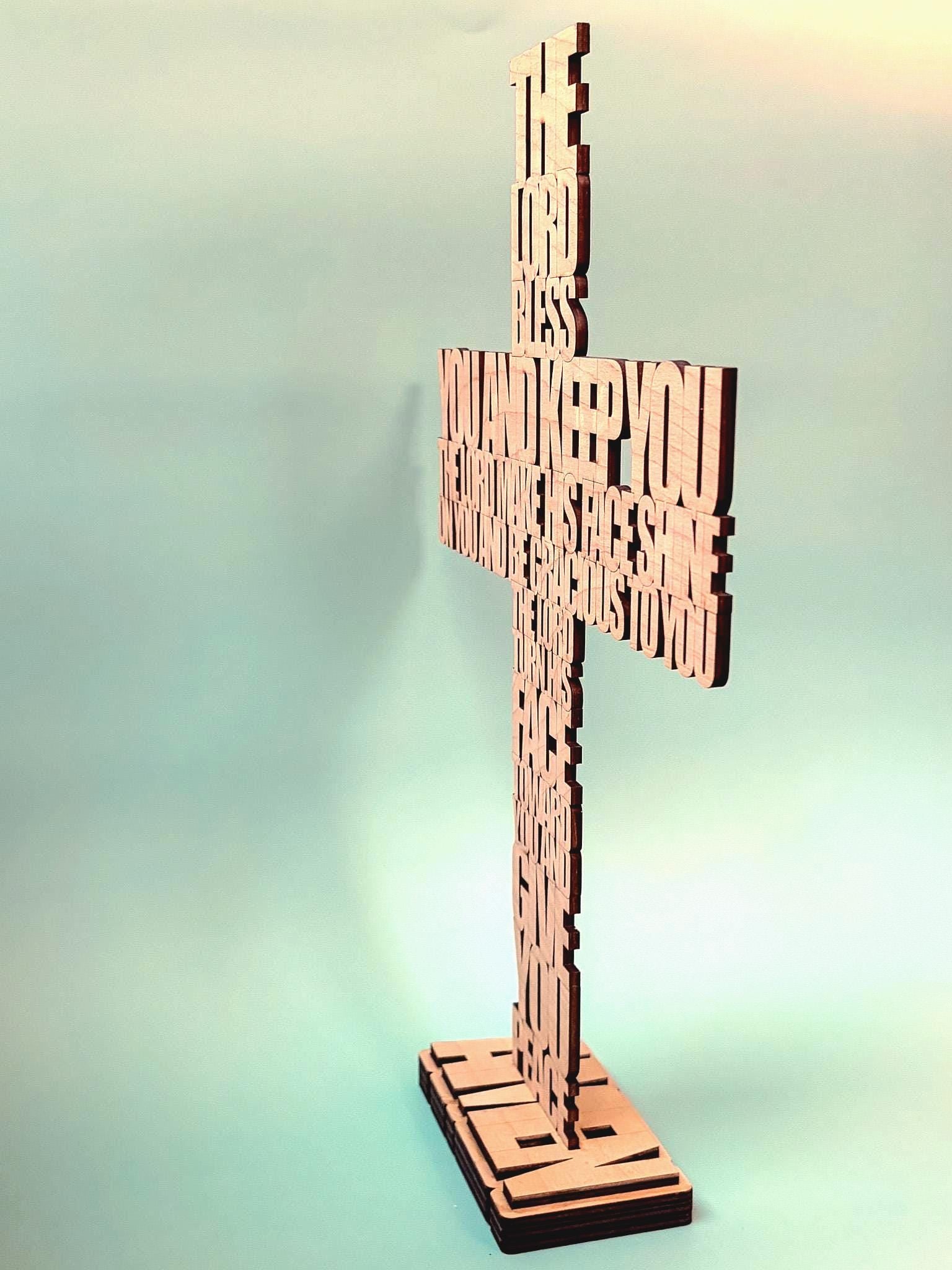 Faith Based Bible Verse Gift Wooden Cross Tabletop Freestanding Christian Home Display Aaronic Blessing Numbers Laser Cut Engraved Birch Plywood Natural Stained Finish Wedding Housewarming Baptism Confirmation Religious Keepsake