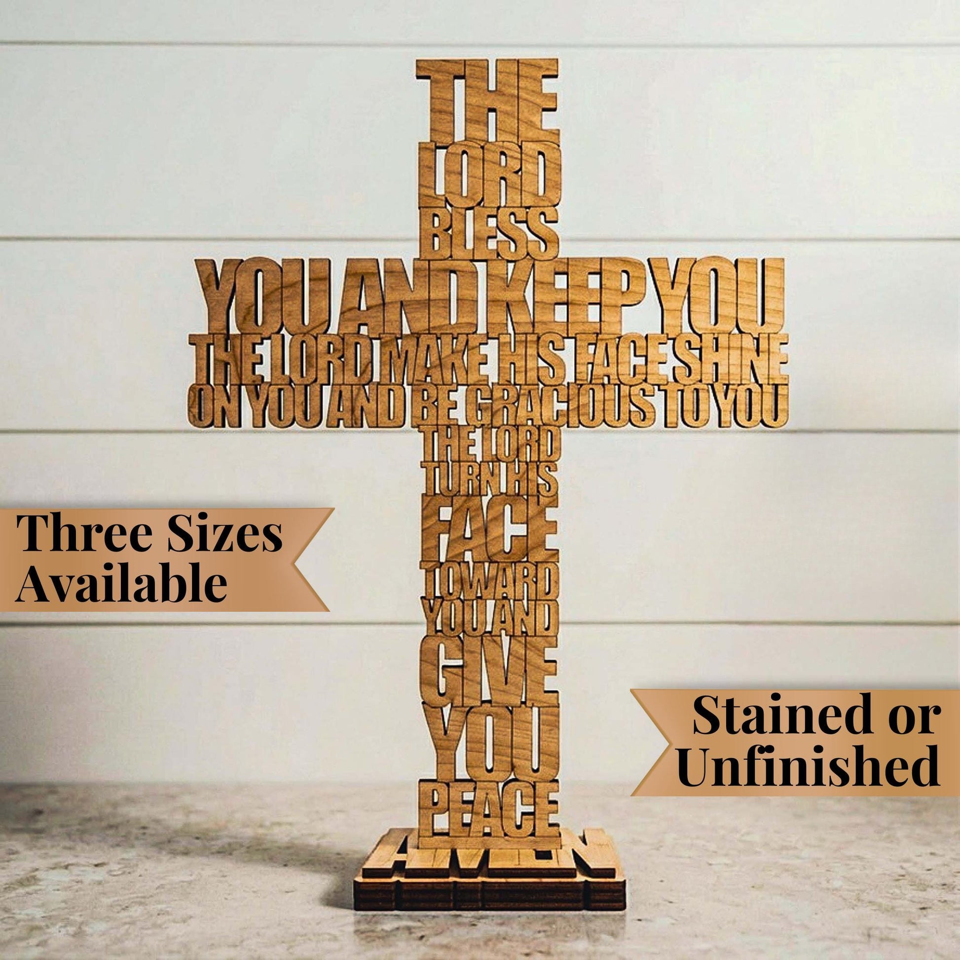 Aaronic Blessing Sign Wooden Cross Tabletop Display Numbers 6 24 26 Scripture Verse Christian Wedding Gift Faith Based Housewarming Present Laser Cut Birch Plywood Construction AMEN Base Pedestal Freestanding Religious Stand Perfect Baptism